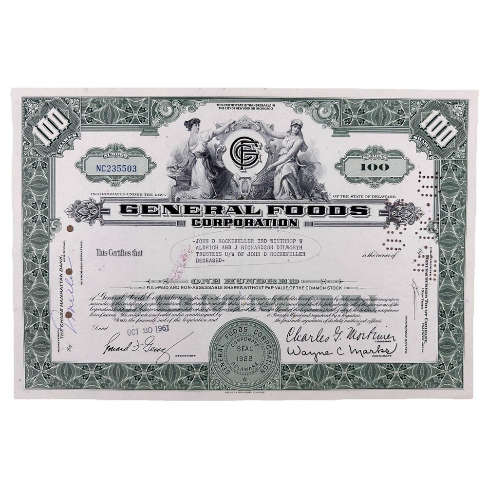 John D.‎ Rockefeller 3rd 1969 General Foods Corp Stock Certificate